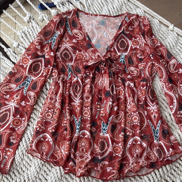 Flowy See Through Paisley Print V-Neck Blouse - Orange - Picture 1 of 5